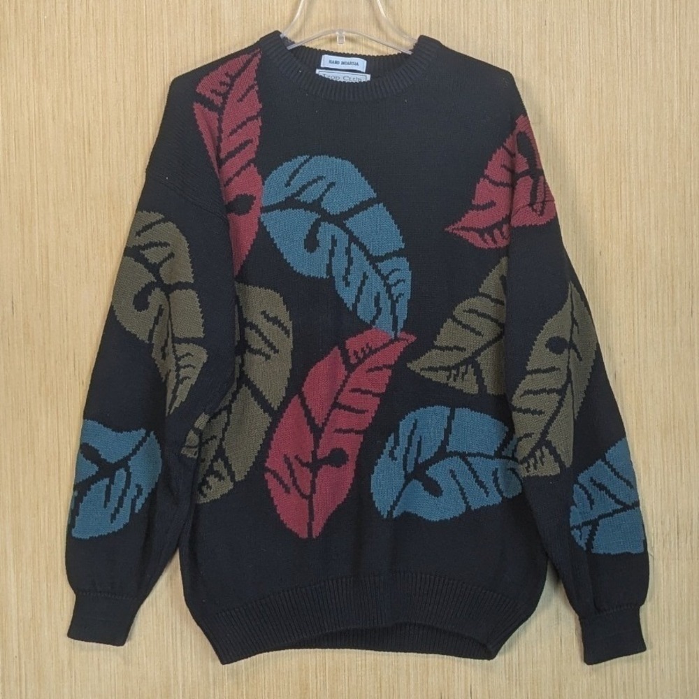 IZOD CLUB Mens Knit Sweater Large Black Leaf Hand Intarsia 100 Cotton Vtg‎ Retro